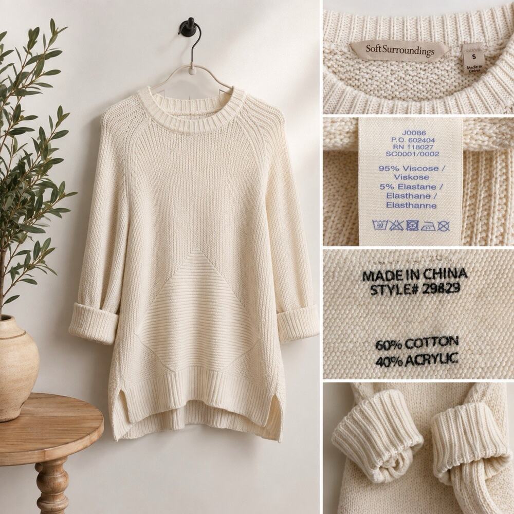 Soft Surroundings Cozy Sweater Sz S Ivory Cream Pullover Tunic Oversized